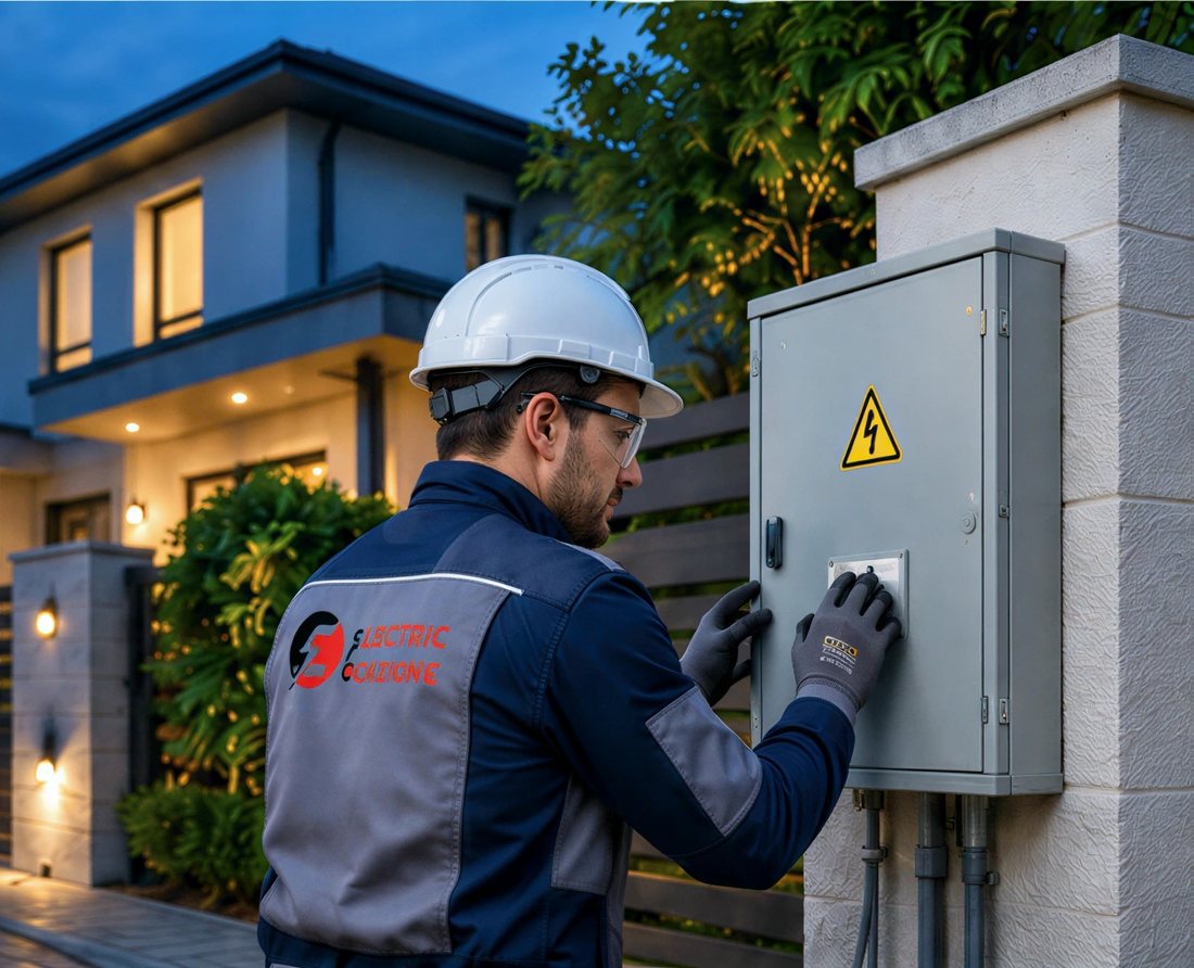 Electrician care lucrează la un tablou de branșament lângă o casă
